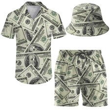 Men'S 2 Piece Tracksuit Money Dollars Hawaiian Shirt Shorts Button Down Shirt...