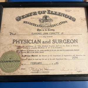 1946 Illinois Physician Surgeon Medical License Certificate Framed