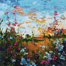 Landscape art Meadow Original Oil Painting Signed Artist Evening Wildflower