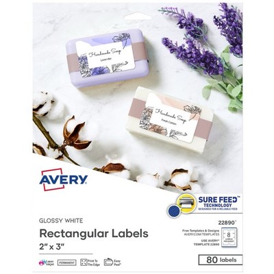 Avery Rectangular Labels, Sure Feed Tech, 2  x 3 , Glossy White, 22890