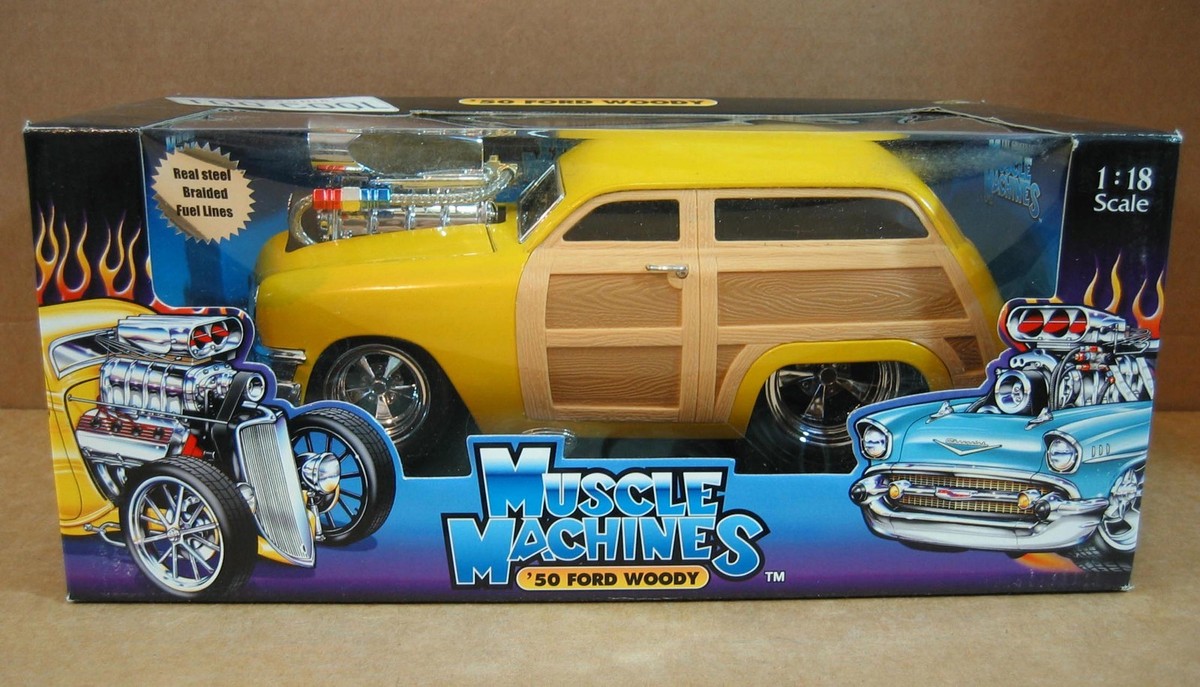 MUSCLE MACHINES 1:18 ’50 FORD WOODY ミニカー Muscle Machines 1950 Ford Woody Yellow Car Real Braided Steel Line