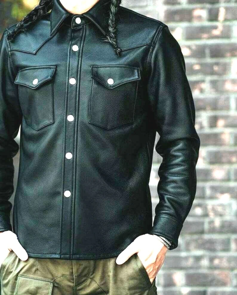 Men’s Genuine Cowhide leather Black Shirt Button Up Jacket Vinatge Coat S M L XL