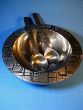 Aluminum 15" wide Salad Bowl 3 piece Serving Spoon Fork Macy's black silvertone 