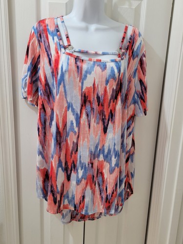 Est 1946 Casual Top Red White Blue Short Sleeve Hi Lo Hem Womens XL - Picture 2 of 13