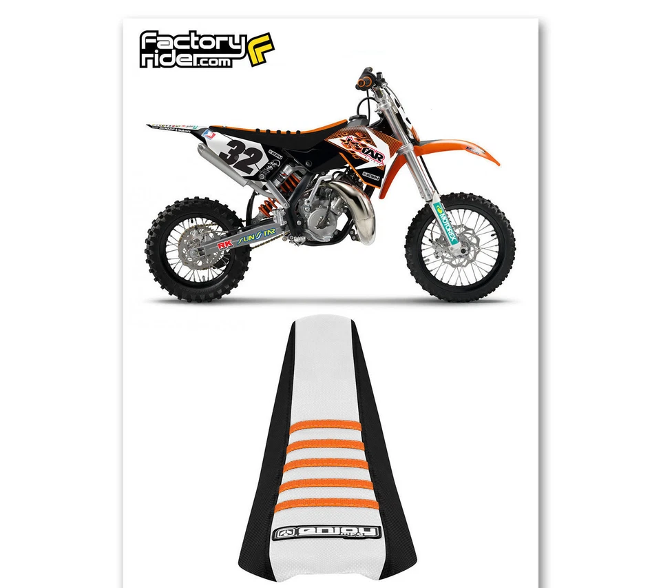 Pinza de cubierta de asiento KTM SX 50 2002-2008 LATERALES NEGROS/TEPA BLANCA/COSTILLAS NARANJAS #86 Foto 2 de 3