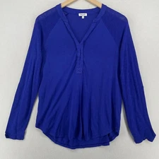 SPLENDID Top S Popover Roll Tab Sleeve Slub Jersey Supima Cotton Modal Blue USA