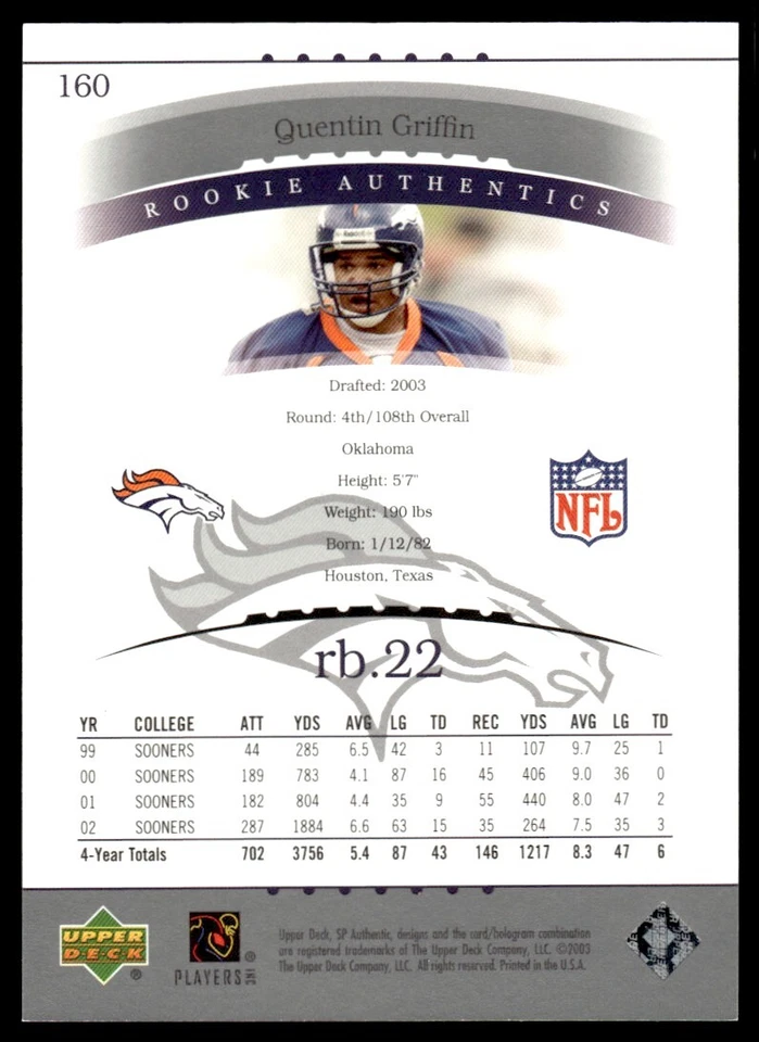 2003 SP Authentic Quentin Griffin Rookie /1200 Denver Broncos #160 R105 - Image 2 of 2