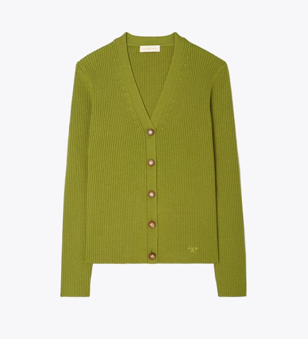 Tory Burch Ribbed Simone Cardigan XXL Mossy Green (14/16) NEW $328