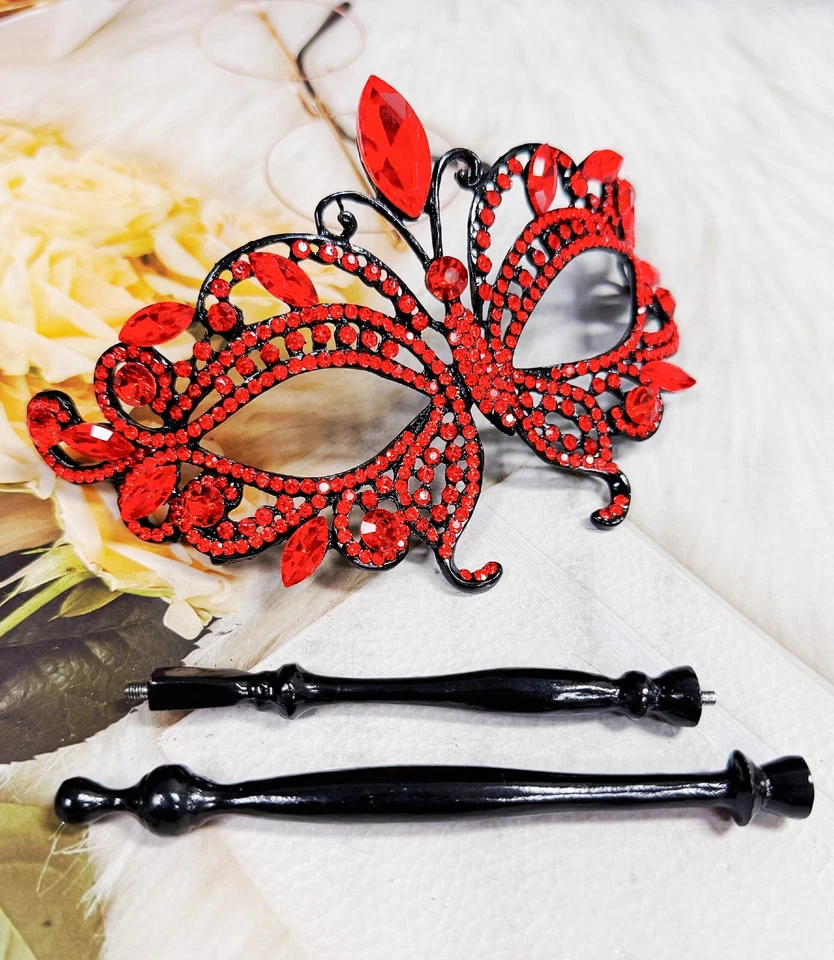 Red Masquerade Mask, Crystal Handheld Mask, Black Mask with Stick, Venetian Mask - Image 4 of 4