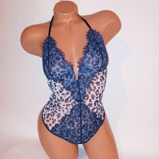 Victoria Secret Lingerie XL Teddy One Piece Bodysuit Leopard Animal Blue Lace