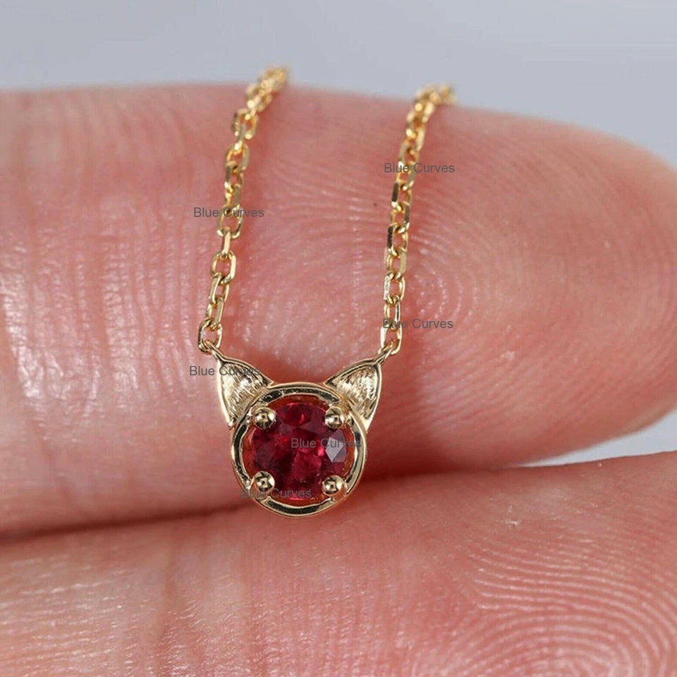 Collar Colgante Solitario Granate Cara de Gato Dije Oro Sólido 14k Joyería Fina 16" Foto 2 de 3