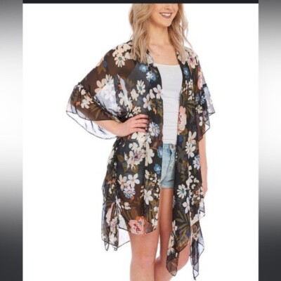 David & Young Black Floral Sheer Kimono nwot one size
