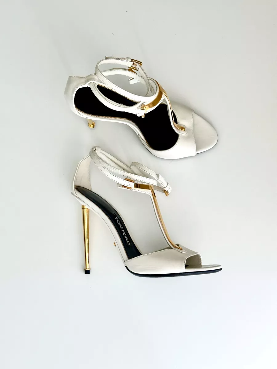 TOM FORD White Leather Gold T Strap Ankle Wrap Sandals Heels Size 38.5 eBay