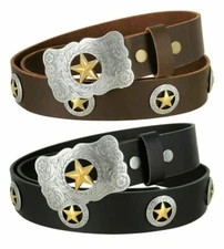 Western Texas Ranger Star Floral Engraved Buckle Full Grain Leather Conchos Belt