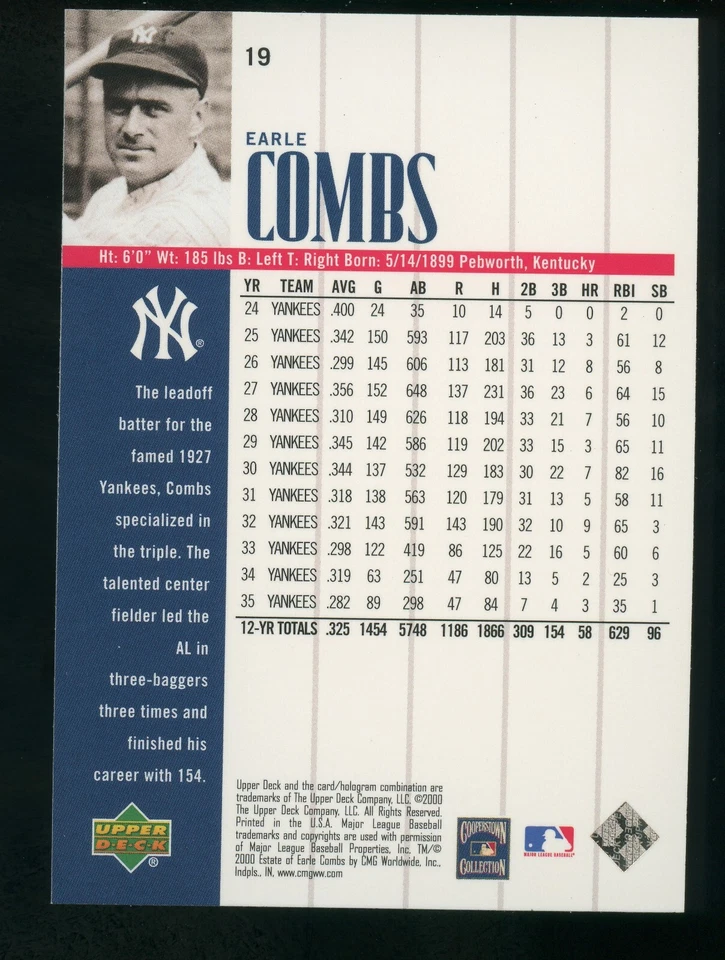 Earle Combs 2000 Upper Deck Yankees Legends #19 EX o mejor Foto 2 de 2