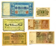 German Empire and Weimar Republic Banknotes 5 billion, 1000, 100, 20, 5, 1 mark