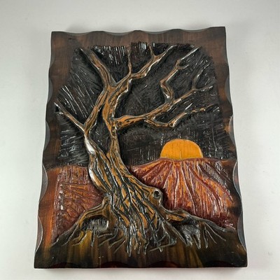 Hand-Carved Wood Art Plaque with a Tree Against a Sunset or Sunrise 11'' x 14''