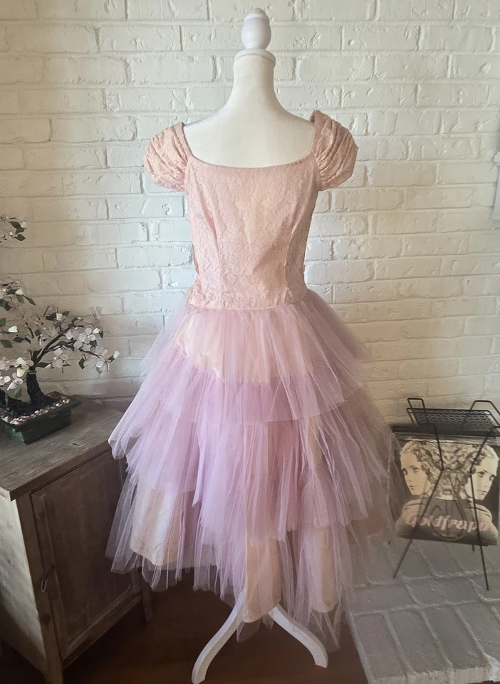 Vintage 1950s Tulle & Lace Dress With Matching Hat, 0/2, Party, Tea, Dance - Image 3 of 4