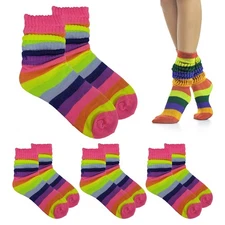 4 Pairs Slouch Socks Neon Stripes Rainbow Colorful Scrunch Cotton Plush One Size