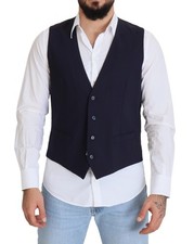 Dolce & Gabbana Dark Blue Wool Stretch Waistcoat Formal Men's Vest Authentic
