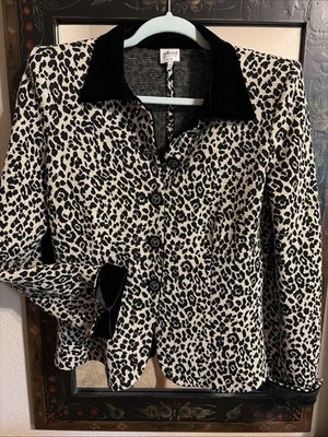 ARMANI Black and Off White Leopard Print Knit Button Up Sweater Jacket