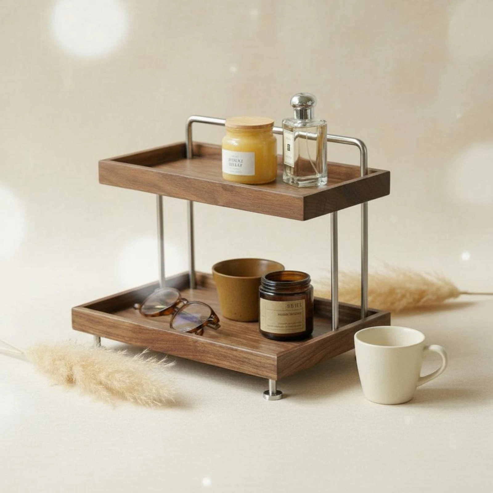 Desktop Storage Organizer Space Saving 2-Tier Wood Shelf Easy to Organize