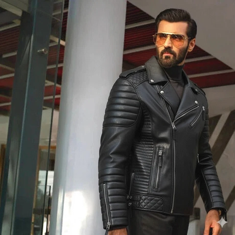 Nova Jaqueta Masculina Feita à Mão Couro de Cordeiro Real Motociclista Elegante Causal - Imagem 3 de 4