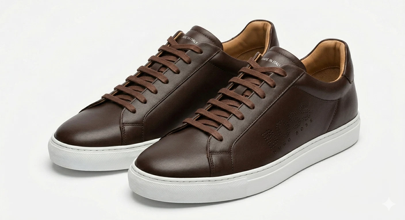 BOSS Hugo Boss Men's Brown Leather Sneakers Casual Shoes Made in Italy Size EUR