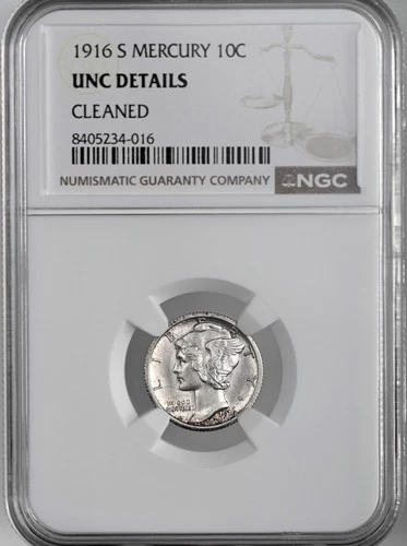 1916-S  10C  MERCURY SILVER DIME  NGC UNC DETAILS "CLEANED" #8405234-016