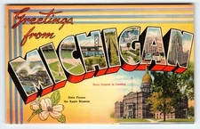 Vintage Greetings from Michigan Large Big Letter Linen Postcard State