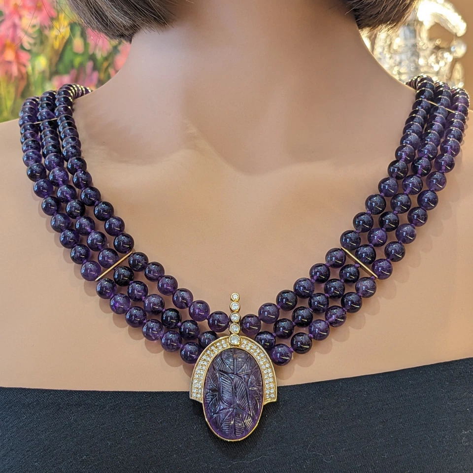 Carved Amethyst and Diamond Pendant Bead Necklace in 18k Yellow Gold - HM2721AE