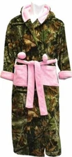 WOMENS HOODED SOFT COZY PLUSH CAMO FLEECE W/PINK TRIM BELTED BATH ROBE LOUNGER L