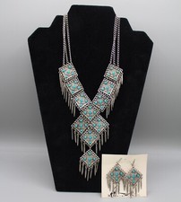 Southwest Style Necklace Earring Set w/ Faux Turquoise Silver Tone