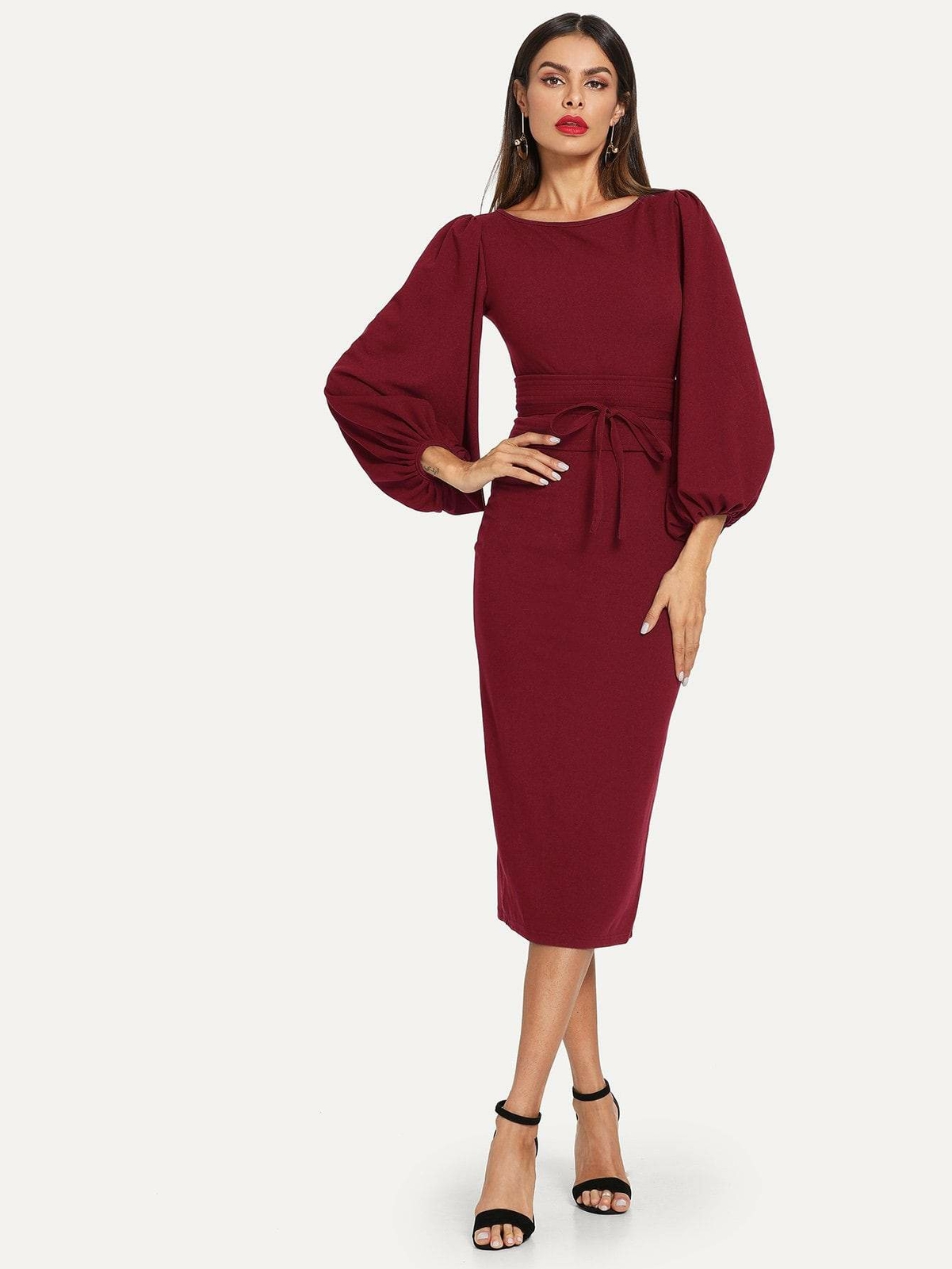 Lantern Sleeve Self Tie Waist Solid Dress Lantern Sleeve Self Tie Waist Solid Dress