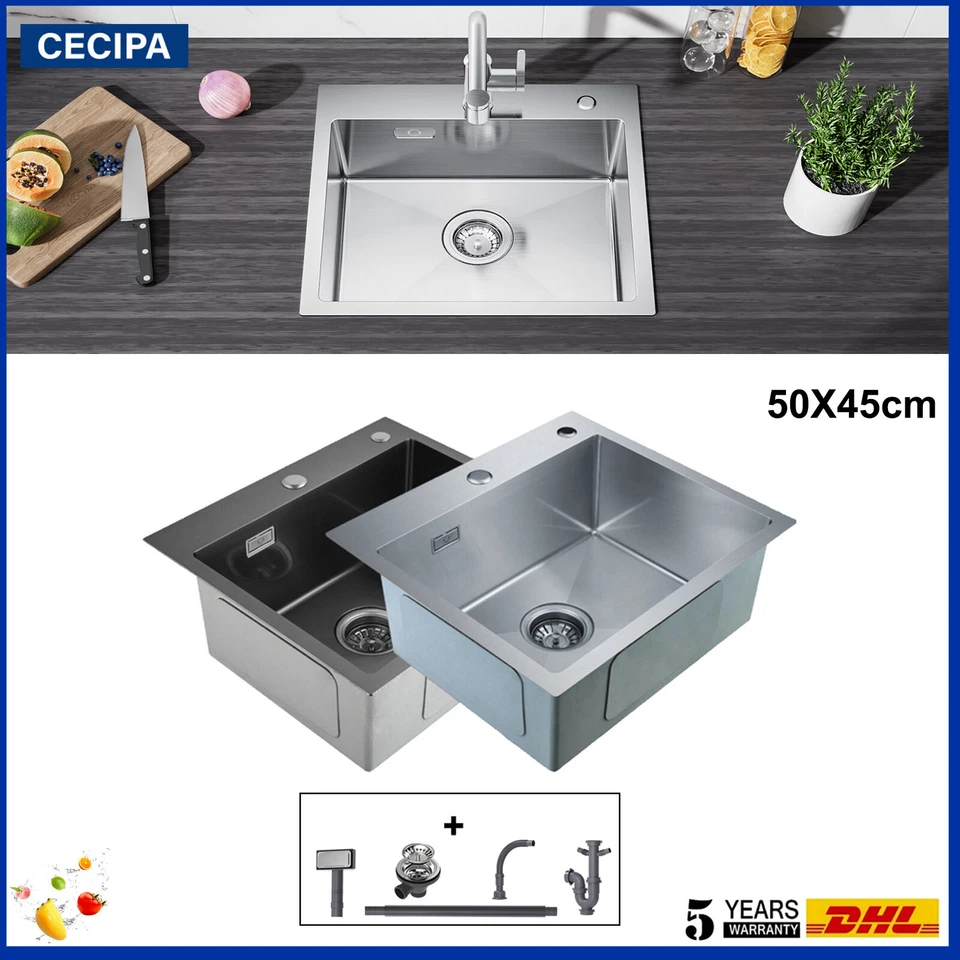CECIPA Lavello da incasso in acciaio inox lavello cucina lavello con scarico 50x45 cm