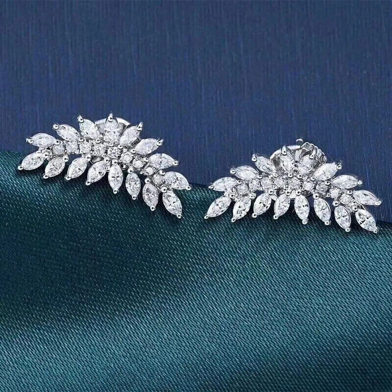 2Ct Marquise Cut Simulated Diamond Climber Stud Earrings 14K White Gold Plated