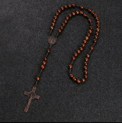 Wooden rosary bead necklace cross bronze crucifix fathers day