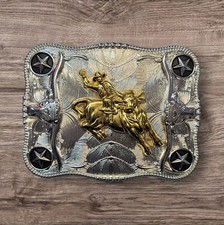 Cowboy Belt Buckle - Bull Rider/Longhorn Bull Head 4.25"x 3.25"Silver/Gold/Black