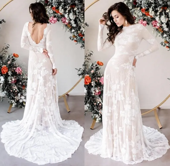 Vintage Lace Bohemian Wedding Dress Sheer Sleeves Open Back Beach Bridal Gowns Vintage Lace Bohemian Wedding Dress Sheer Sleeves Open Back Beach Bridal Gowns