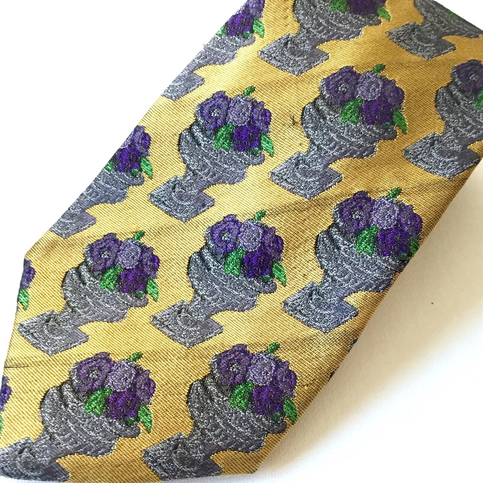 Karl Lagerfeld Mens Vintage Retro Silk Tie Textured Italy Gold Purple Designer - Image 4 of 4
