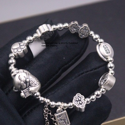Pure S999 Fine Silver 999 Bracelet Carved Fortune Cat Lotus Ball Beads Bangle