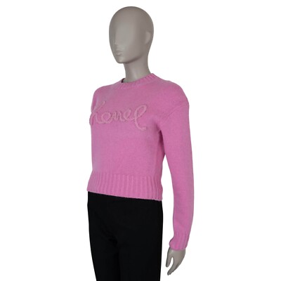 71467 auth CHANEL pink cashmere 20B PEARL EMBELLISHED LOGO Sweater
