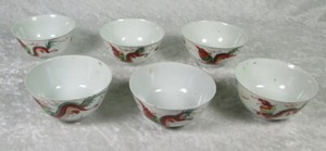 Chinese Porcelain Rice Bowls Hand Painted Red Dragon 4-3/4 in Dia Set 6 Antique