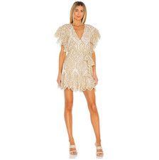 MINKPINK Whilma Wrap Mini Dress Ivory & Gold Eyelet V-Neck Flutter Sleeves SZ L