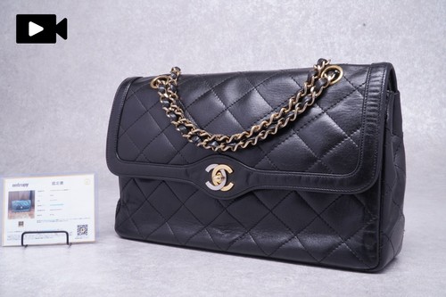 [AB] CHANEL Matelasse Paris Double Flap Chain Shoulder Bag Leather Black 2996724