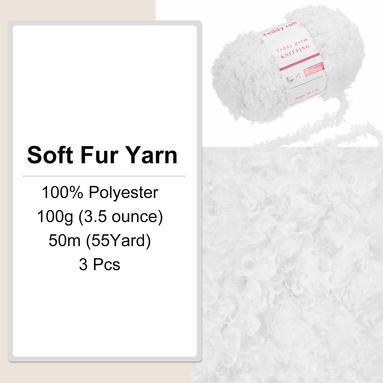3 Pcs Fur Yarn Soft Fluffy Chunky Yarn Fuzzy Yarn White for Crocheting, 50m