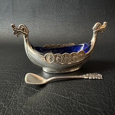 VINTAGE 925 STERLING SILVER VIKING BOAT SALT CELLAR & SPOON MADE IN NORWAY 20G