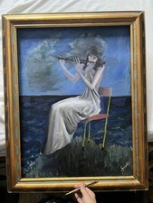 Large Oil Painting Gold Frame Signed Woman Plays Music Seascape