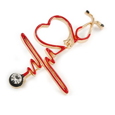 Goldfarbene rote Emaille Herzschlag Brosche - 60 mm quer