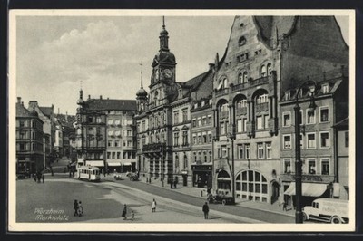 Postcard Pforzheim, marketplace with tram, cars, restaurant Zum Beckh 